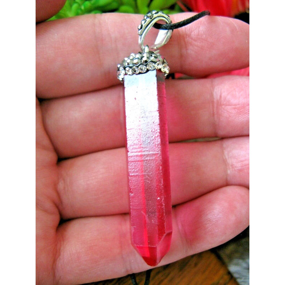 New Genuine Brazilian Pink Color Quartz Crystal Laser Point Pendant Necklace - Picture 3 of 7